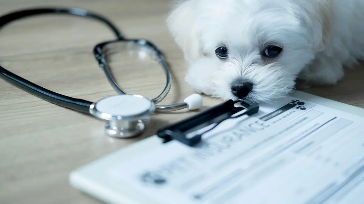 Chien avec un st&eacute;thoscope et un contrat d'assurance