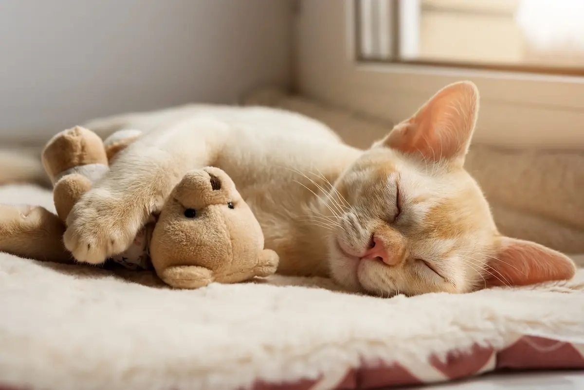 tr&egrave;s jeune chat qui dort avec une peluche