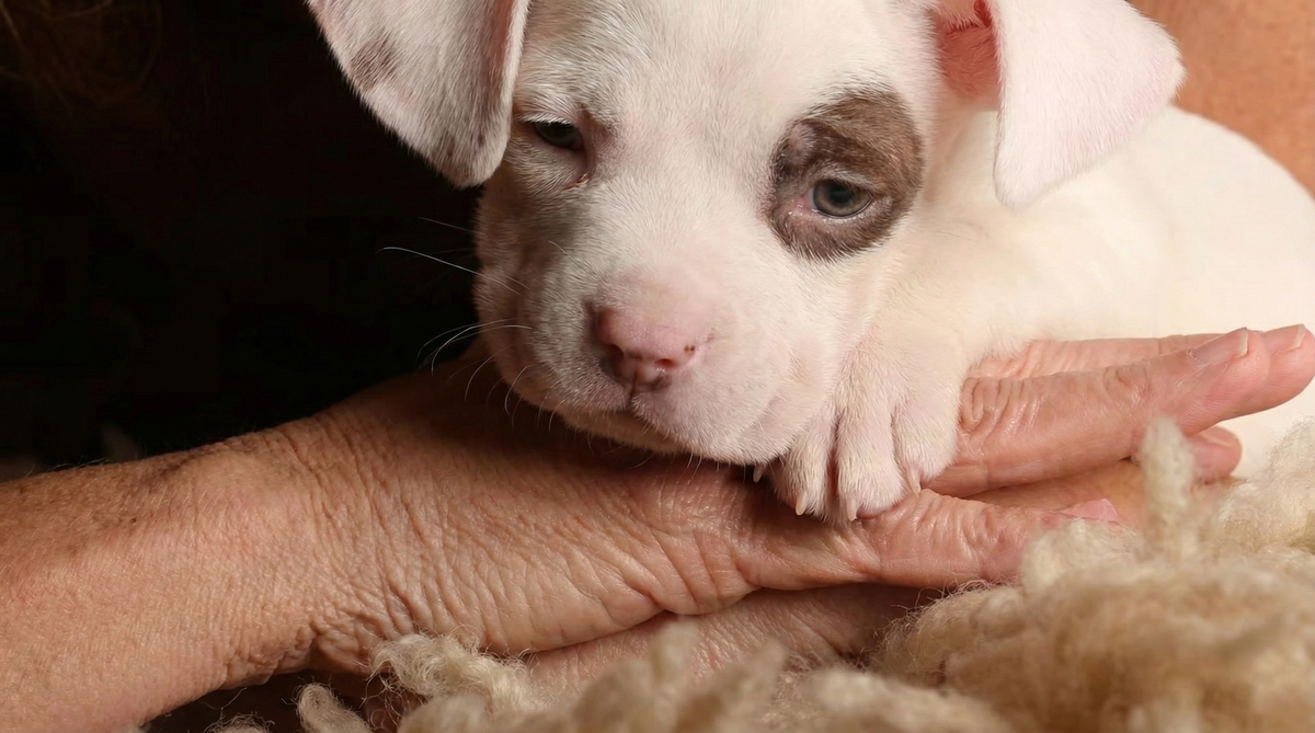 un petit chiot dans les mains de sharon stone