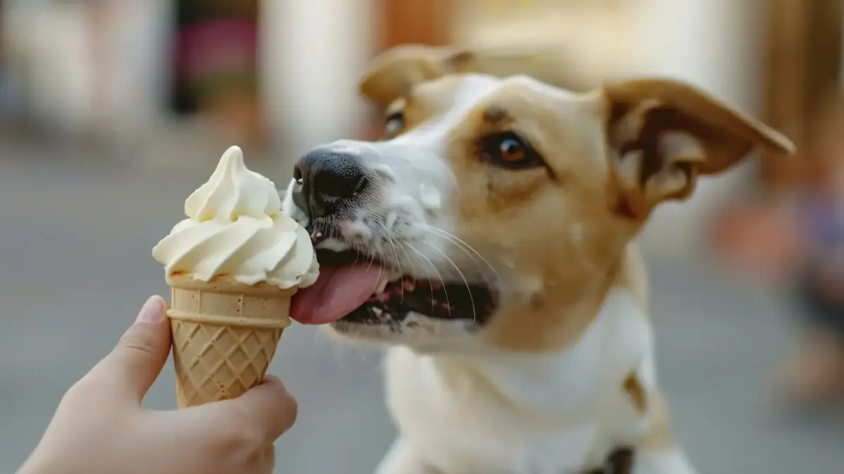 petit chien de race jack Russel qui mange une glace pour se rafra&icirc;chir pendant les fortes chaleurs