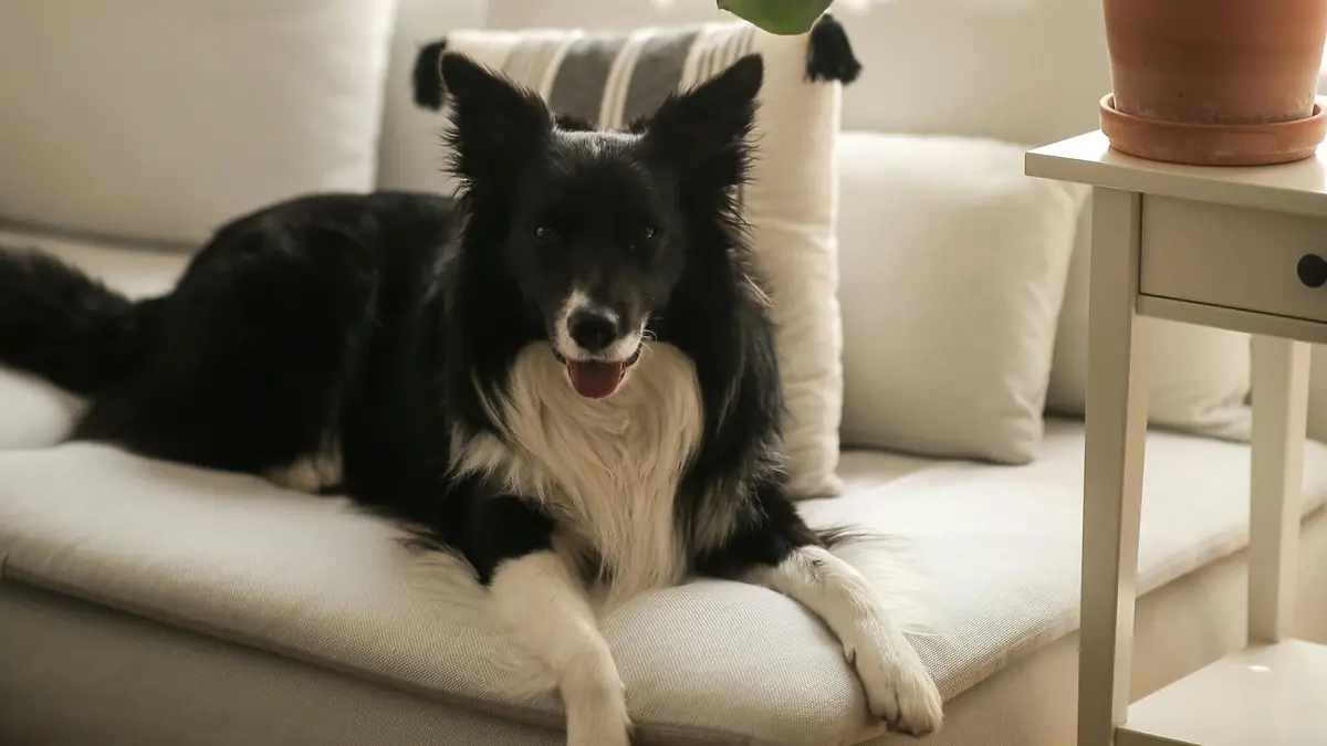 border collie dans un appartement sur un canap&eacute;