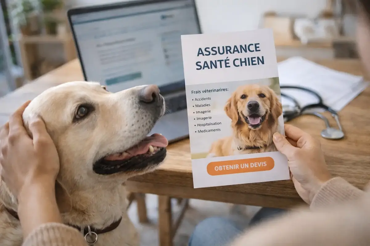 chien caress&eacute; pars son maitre qui lit une brochure sur l'assurance sant&eacute; chien