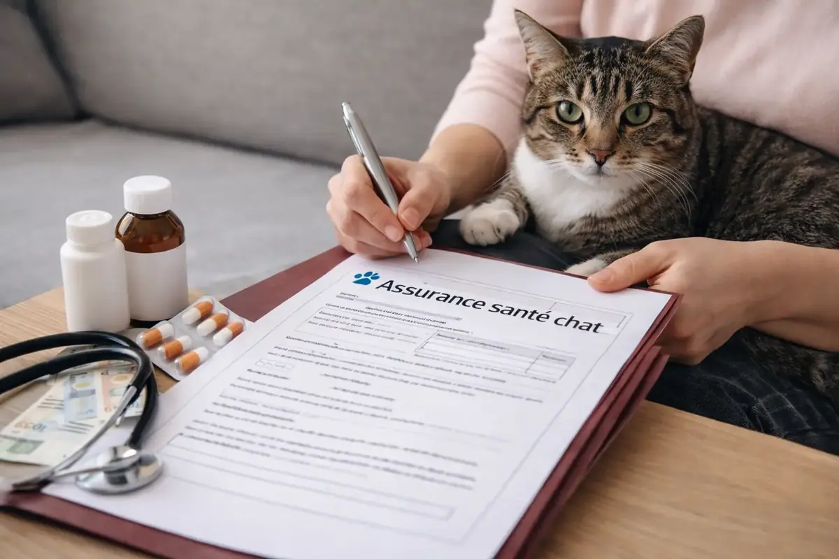 chat sur les genoux de son maitre qui remplit un contrat d'assurance sant&eacute; chat