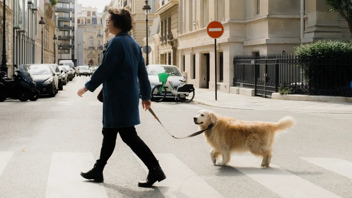 chien golden retriever promen&eacute; en ville