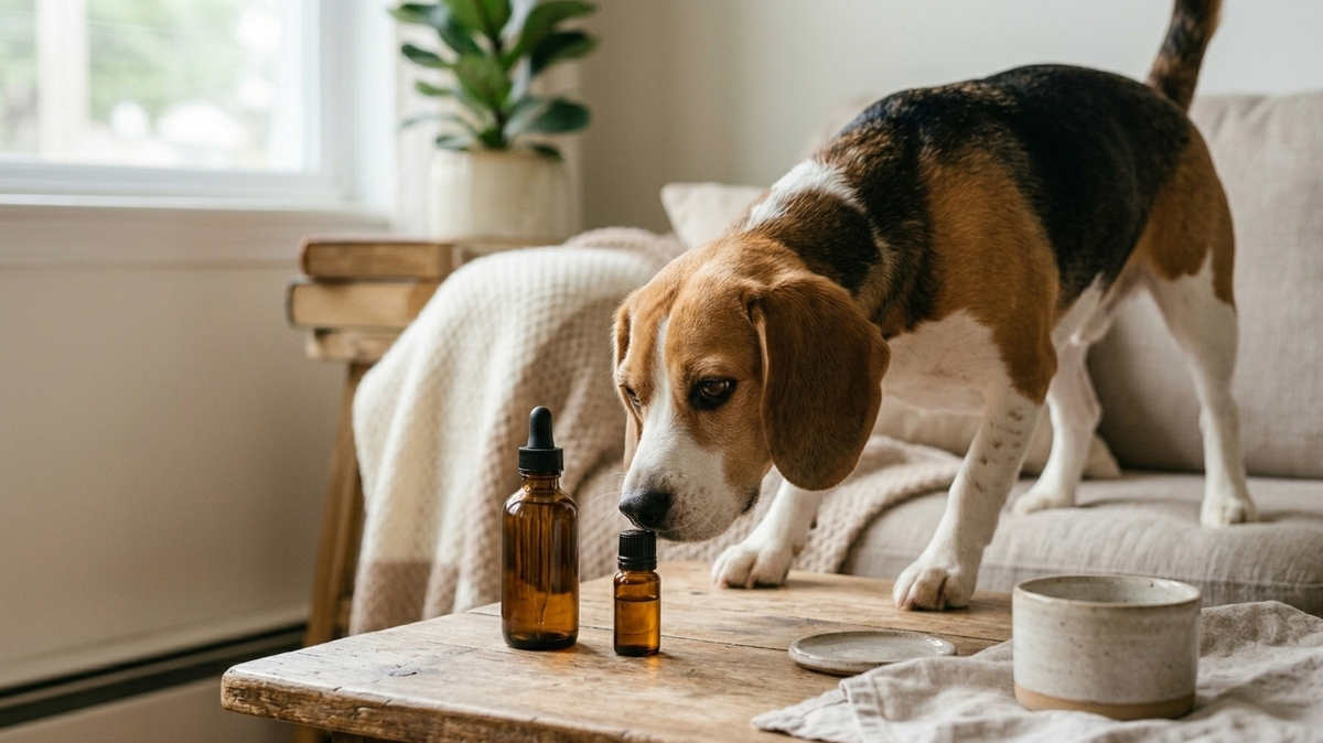 chien risquant l'intoxication avec des huiles essentielles toxiques