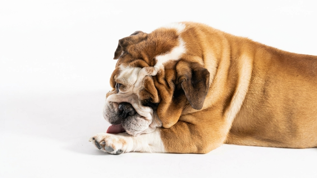 chien de race bouledogue qui se l&egrave;che les pattes avec probl&egrave;me de peau