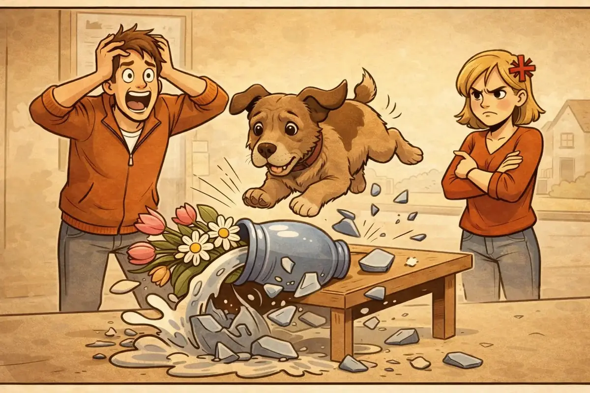 image type cartoon d'un jeune chien qui casse un vase sous les yeux d&eacute;sesp&eacute;r&eacute;s de son gardien et ceux de la propri&eacute;taire du vase