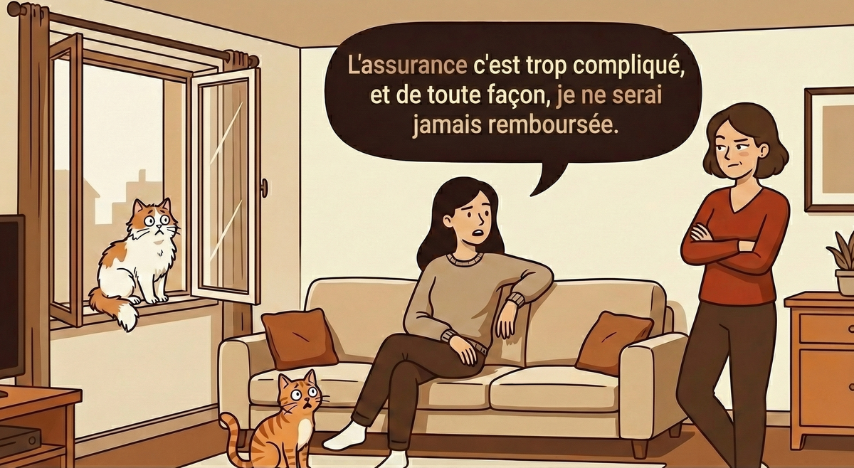 cartoon illustration assurance sant&eacute; chat, mythe et r&eacute;alit&eacute;