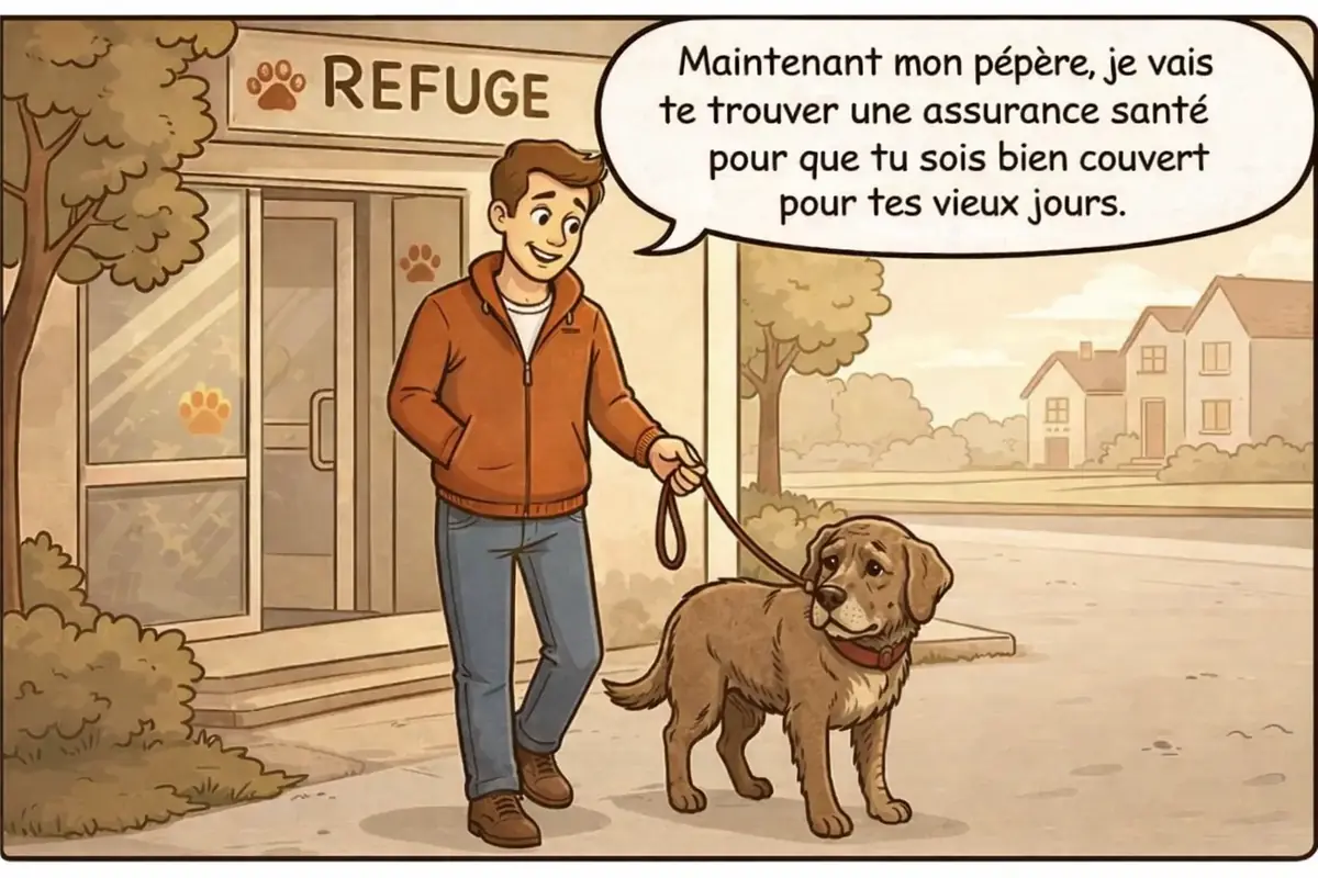 Homme qui sort d'un refuge avec un chien senior qu'il vient d'adopter