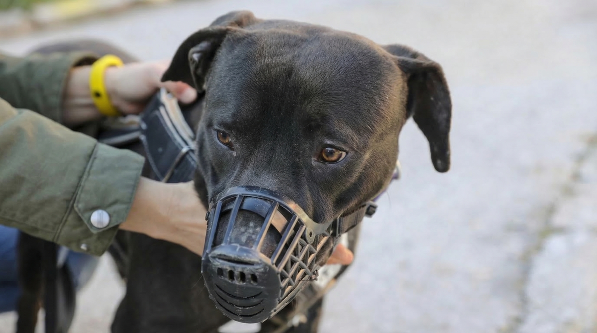 un pittbull terrier avec une museli&egrave;re, affaire curtis