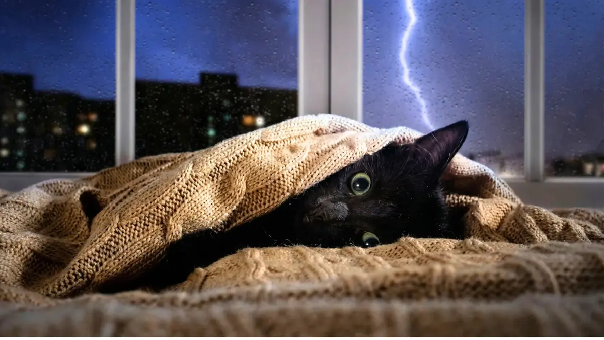 chat noir apeur&eacute; par soir d'orage
