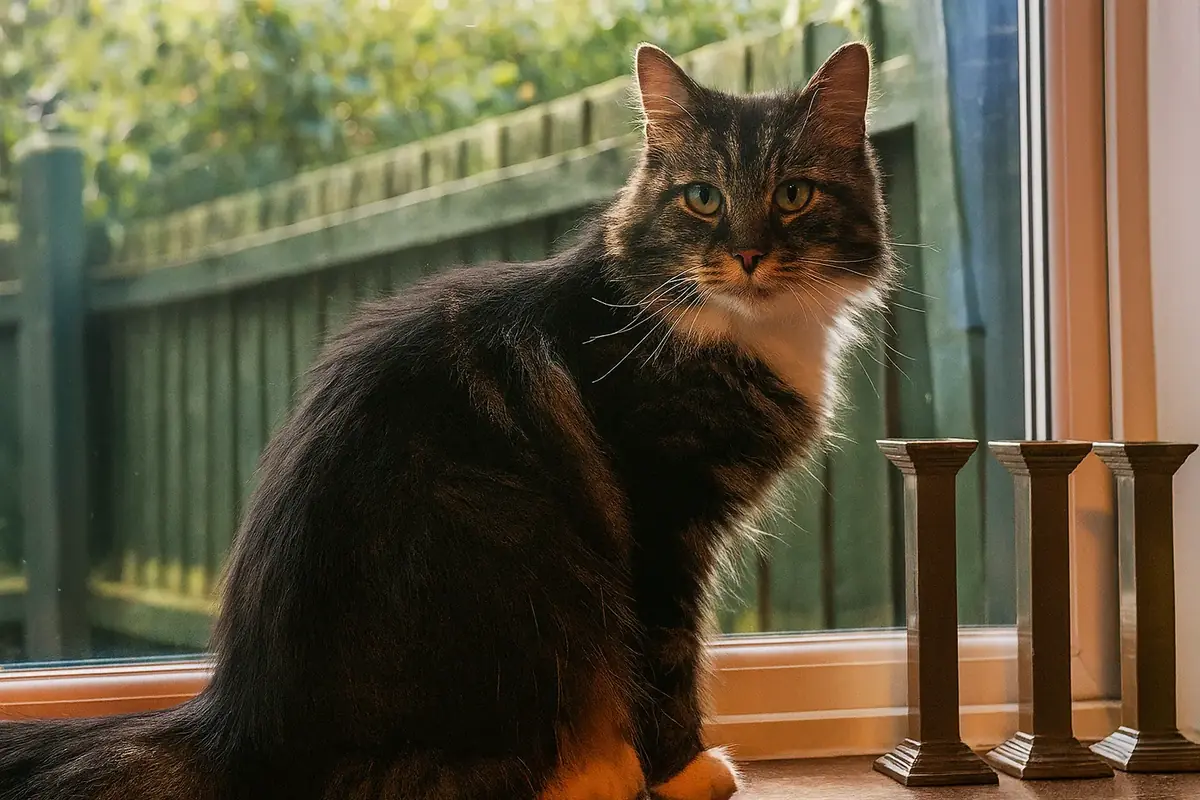 Chat tigré, pelage mi-long, fenêtre