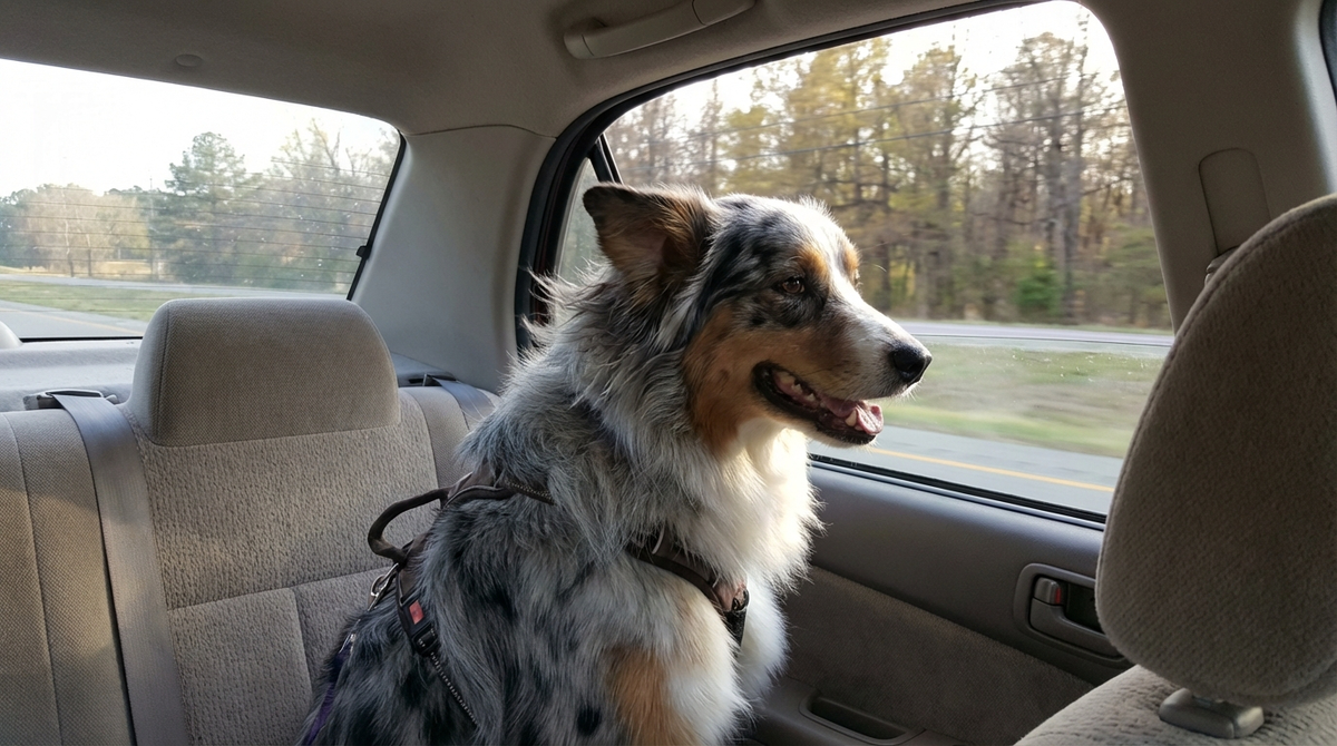 un berger australien &agrave; l'arri&egrave;re d'une voiture non attach&eacute;