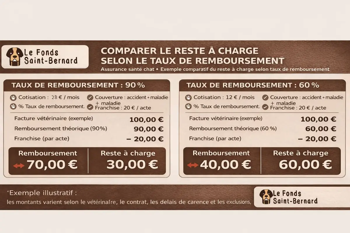 Infographie qui compare le reste &agrave; charge selon le taux de remboursement de l'assurance sant&eacute; chat