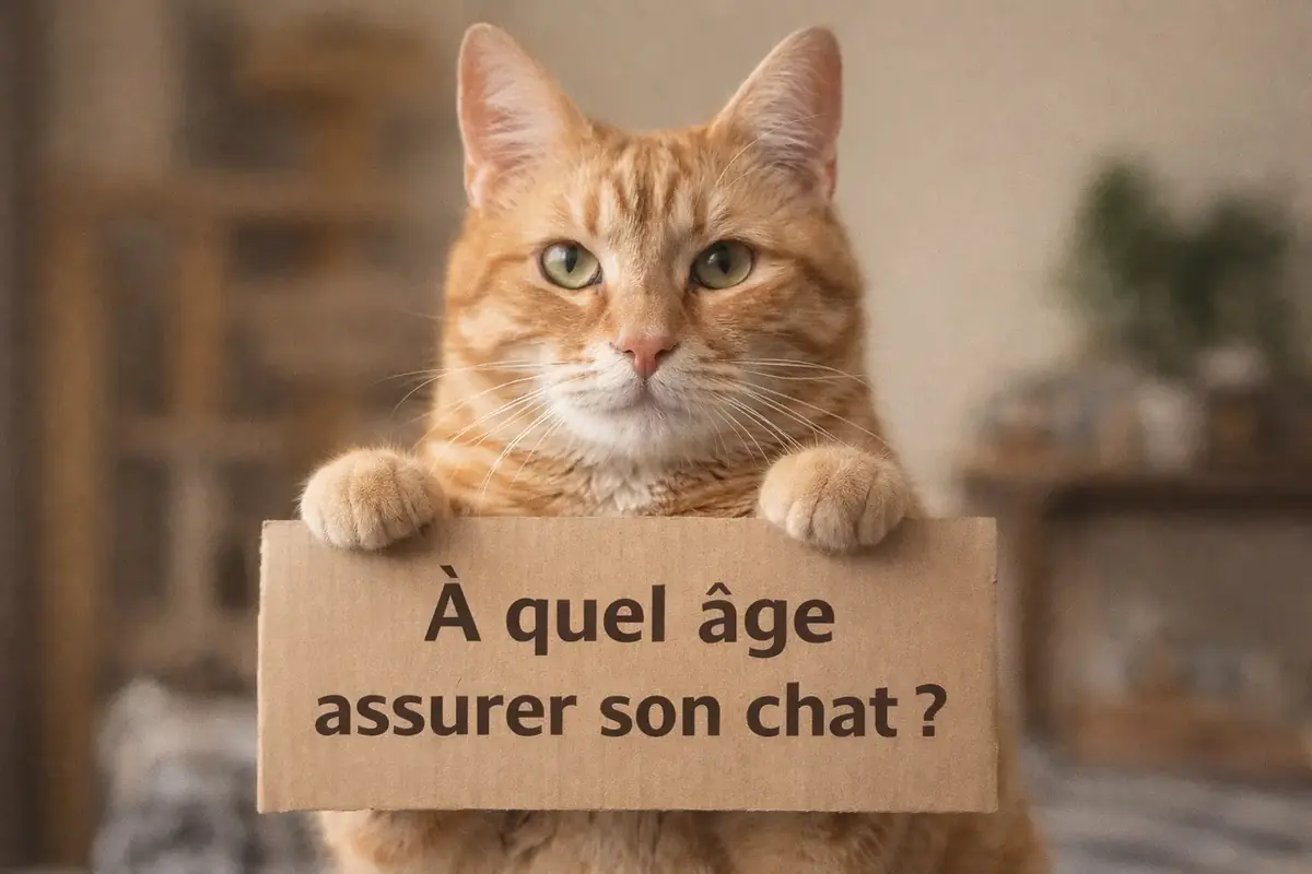 un chat tient une pancarte "&agrave; quel &acirc;ge assurer son chat"