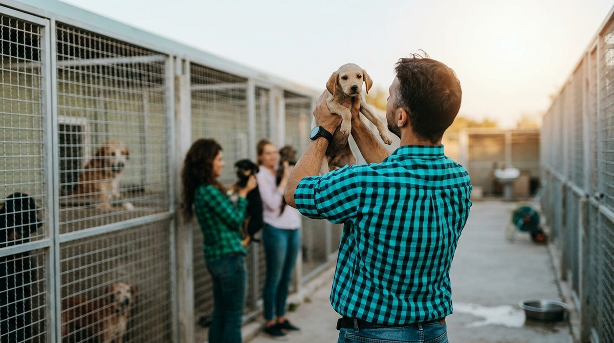chiot abandonn&eacute; &agrave; un tr&egrave;s jeune &acirc;ge en refuge avec chiens adultes &agrave; l'adoption